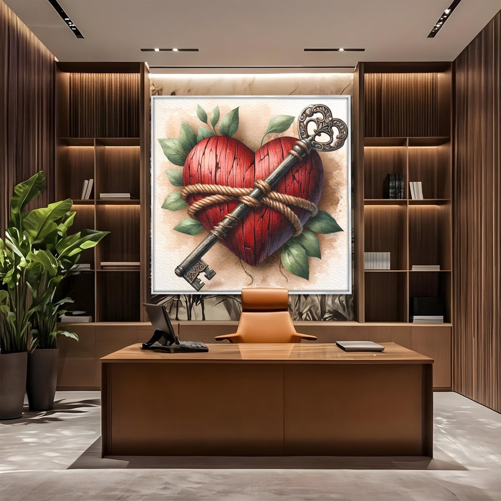 Tablou canvas cu tablou canvas cu inima de lemn si cheie, in rama de aluminiu argintiu, pe perete intr-un birou